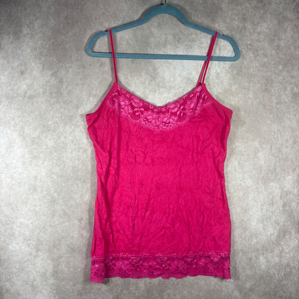Maurices Cami Women L Pink Lace Trim Crinkle Adjustable Strap Camisole Boho y2k‎
